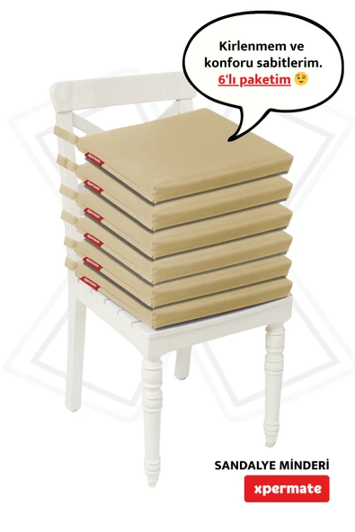 XPERMATE Fermuarlı 6'lı Sandalye Minderi Su İtici Kumaş 40x40 cm Sünger Sandalye Minderi Bağcıklı Bej