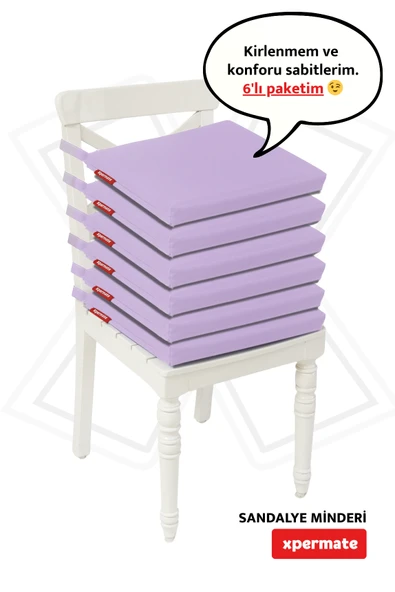 XPERMATE  Fermuarlı 6'lı Sandalye Minderi Su İtici Kumaş 40x40 cm Sünger Sandalye Minderi Bağcıklı Lila