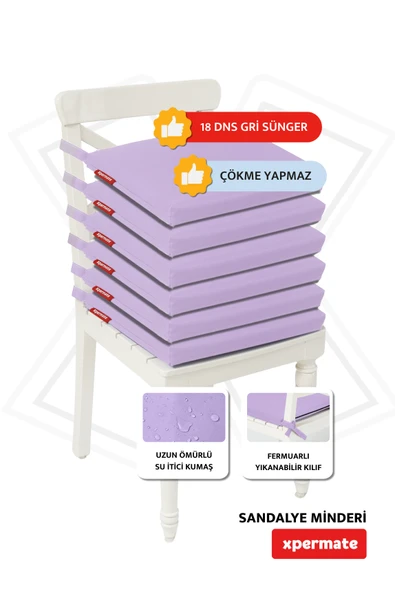 XPERMATE  Fermuarlı 6'lı Sandalye Minderi Su İtici Kumaş 40x40 cm Sünger Sandalye Minderi Bağcıklı Lila - 2