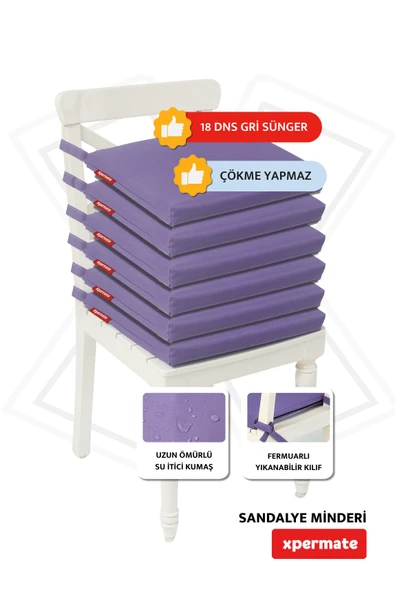 XPERMATE 6'lı Sandalye Minderi Su İtici Kumaş 40x40 cm Sünger Sandalye Minderi Bağcıklı Mor - Resim 2