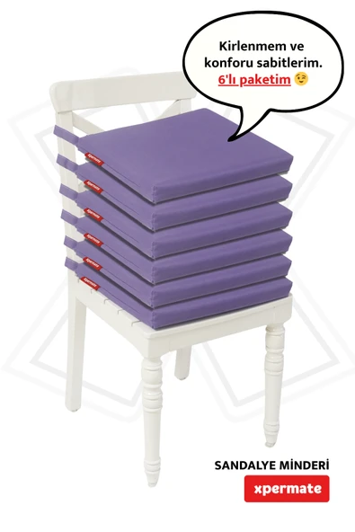 XPERMATE 6'lı Sandalye Minderi Su İtici Kumaş 40x40 cm Sünger Sandalye Minderi Bağcıklı Mor ürün görseli