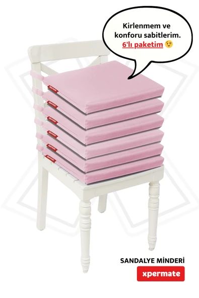 XPERMATE 6'lı Sandalye Minderi Su İtici Kumaş 40x40 cm Sünger Sandalye Minderi Bağcıklı Pembe ürün görseli