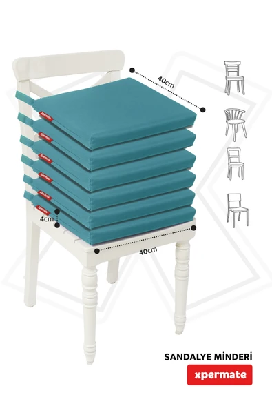 XPERMATE 6'lı Sandalye Minderi Su İtici Kumaş 40x40 cm Sünger Sandalye Minderi Bağcıklı Turkuaz - 4