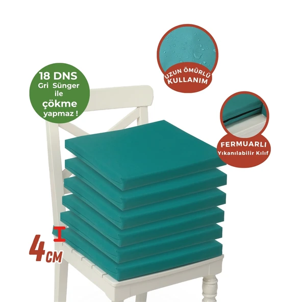 XPERMATE 6'lı Sandalye Minderi Su İtici Kumaş 40x40 cm Sünger Sandalye Minderi Bağcıklı Turkuaz