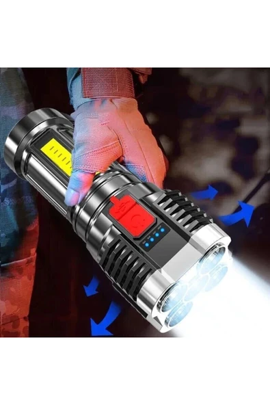 Ultra Parlak El Feneri Usb Şarj 4 Led+yan Cob Led Taktik Günlük Hayat Kamp Avcılık El Feneri - 2