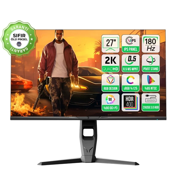 GamePower Royal T20 27″ RGB 180Hz 0.5Ms 2K QHD Flat IPS Pivot 2xUsb 3.0 HDR400 FreeSync, Gsync Gaming Monitör (Sıfır Ölü Piksel Garantili)