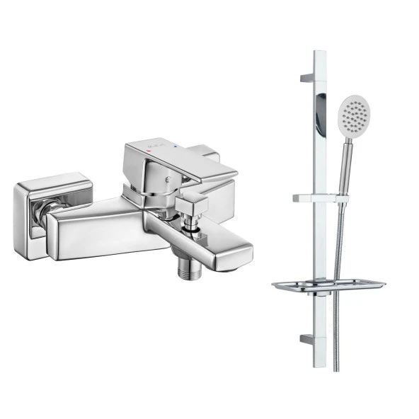 ECA Royal Banyo Bataryası + T-MAY Sardes Mat İnox Kare Borulu Hareketli Sürgülü Duş Seti Üst Takımı