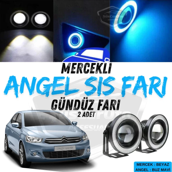 Citroen C Elysee 2012-2023 Uyumlu Üniversal Mercekli Angel Sis Farı Metal Su Geçirmez 76 mm Buz Mavi Halkalı Gündüz Farı Angel Eyes 2 Adet