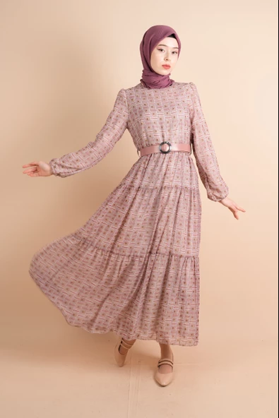 Yeni Koleksiyon Astarlı Şifon Labirent Desen Pembe