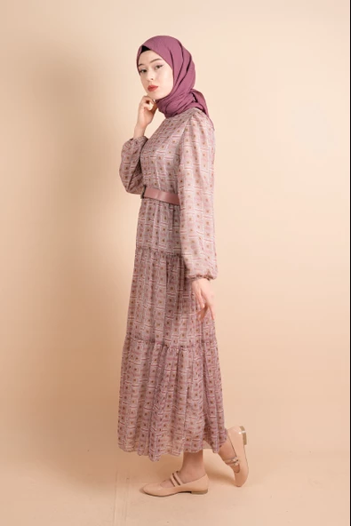Yeni Koleksiyon Astarlı Şifon Labirent Desen Pembe - 2