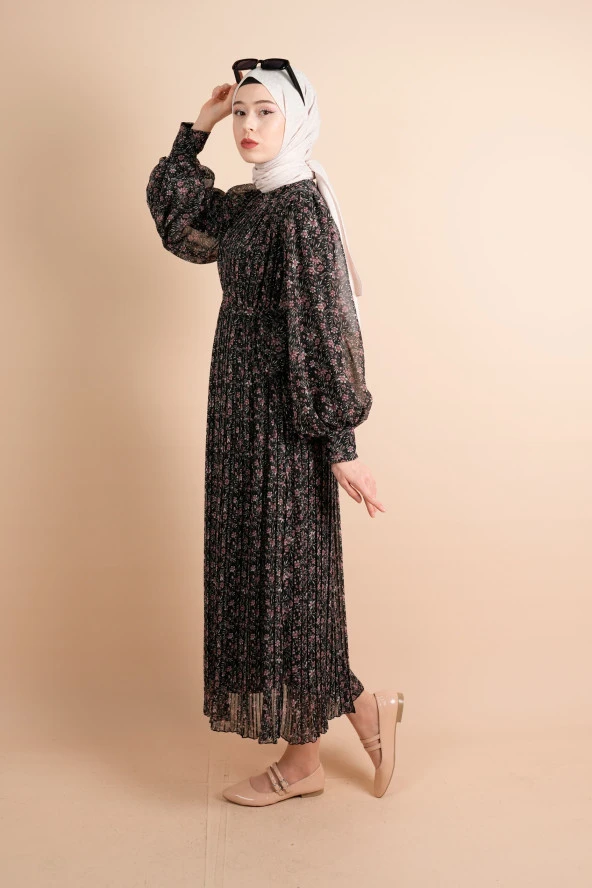 Yeni Koleksiyon Astarlı Şifon Ful Pile Çıtır Basma Desen Siyah - 2