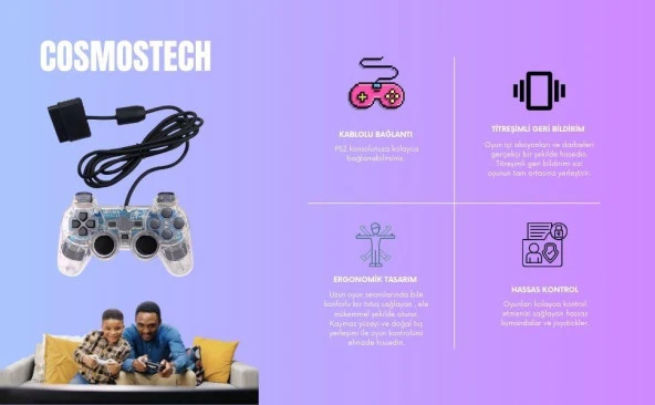 Cosmostech PS2 Controller Oyun Kolu , Titreşimli Gamepad Joystick - Resim 5