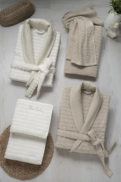 Pierre Cardin 6 Parça Jakarlı Aile Bornoz Seti-Wave Soft Krem Vizon - 2