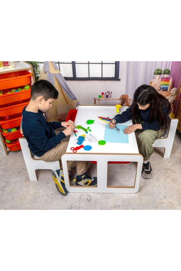 2 Kişilik Çekmeceli Oyun, Aktivite, Etkinlik Masası, Beyaz-Pembe, 18mm MDF - 3