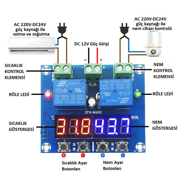 YATE10 M452-12V 10A Sıcaklık ve Nem Kontrol Cihazı - 2