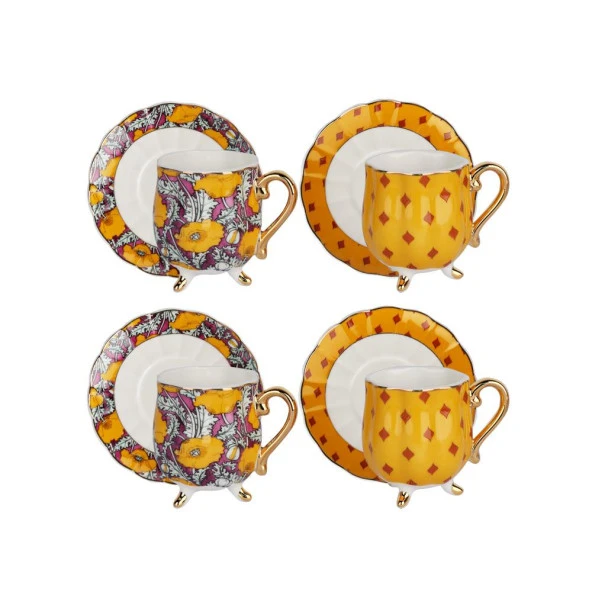 Lucky Art  Eliana Bone 4'lü Ayaklı Tepsili Kahve Fincanı Seti - Resim 4