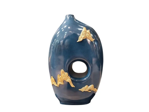 Lucky Art Gold Pirinç Detaylı Porselen Mavi Vazo 23x11x37 cm ürün görseli