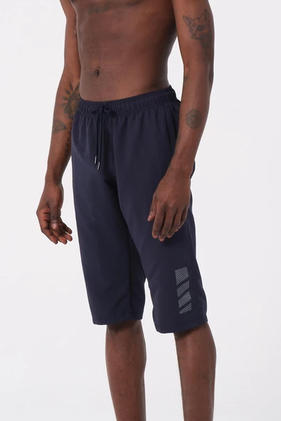 Lacivert Büyük Beden Diz Altı Uzun Model Su İtici Özellikli Erkek Plaj Deniz Kapri Şort - Resim 3