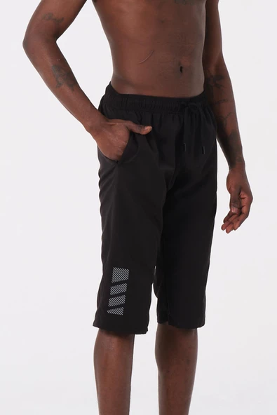 Siyah Büyük Beden Diz Altı Uzun Boy Basic Model Su İtici Özellikli Erkek Plaj Deniz Kapri Şort - Resim 3