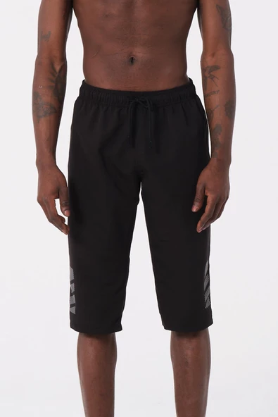 Siyah Büyük Beden Diz Altı Uzun Boy Basic Model Su İtici Özellikli Erkek Plaj Deniz Kapri Şort - Resim 4