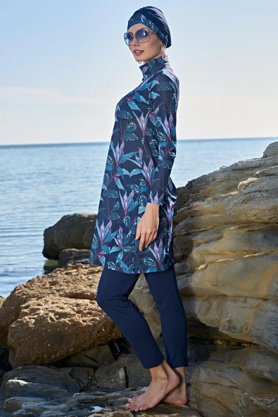 Ruko Maio 23121-4 Çift Eşarp ve Tesettür Boneli Balıkçı Yaka Lycra Kumaş Tam Tesettür Mayo - Resim 2