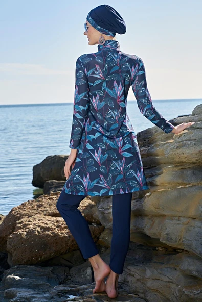 Ruko Maio 23121-4 Çift Eşarp ve Tesettür Boneli Balıkçı Yaka Lycra Kumaş Tam Tesettür Mayo - Resim 3