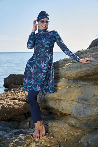 Ruko Maio 23121-4 Çift Eşarp ve Tesettür Boneli Balıkçı Yaka Lycra Kumaş Tam Tesettür Mayo ürün görseli