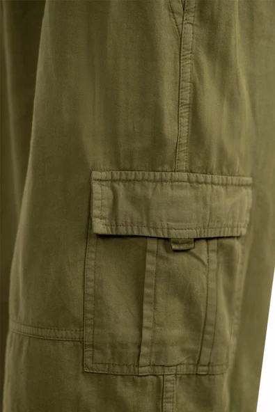 Haki Yeşil Kargo Cepli Beli Lastikli Unisex Keten Şort %100 Pamuk - 5