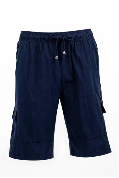 Lacivert Kargo Cepli Beli Lastikli Unisex Keten Şort %100 Pamuk