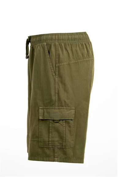Haki Yeşil Kargo Cepli Beli Lastikli Unisex Keten Şort  %100 Pamuk - 3