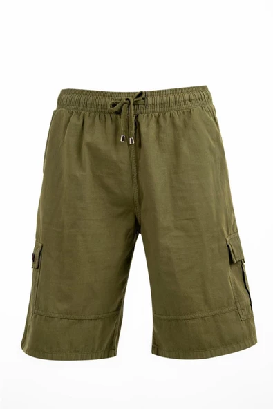 Haki Yeşil Kargo Cepli Beli Lastikli Unisex Keten Şort %100 Pamuk