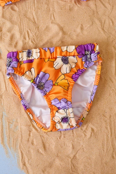 Turuncu İp Askılı Çiçek Desenli Kız Çocuk Bikini 19045 - 3