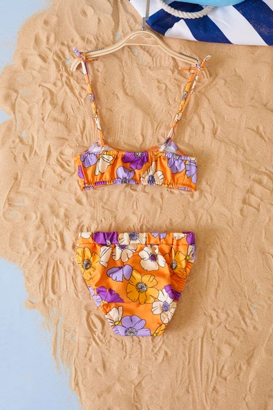 Turuncu İp Askılı Çiçek Desenli Kız Çocuk Bikini 19045 - 4