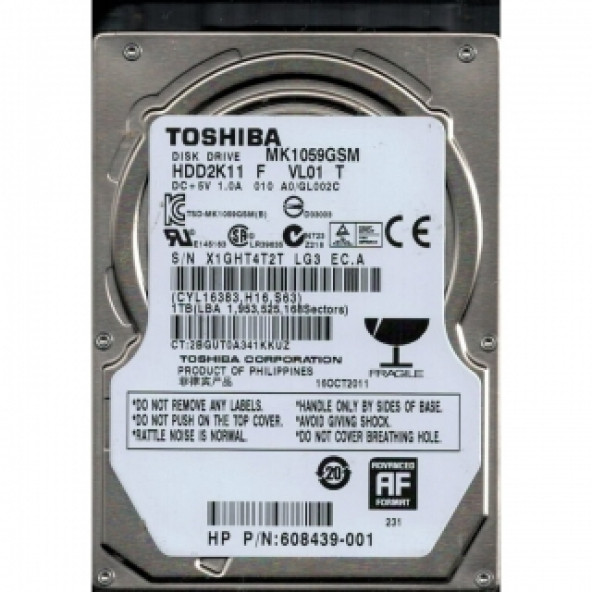 Toshiba MK1059GSM 1000GB Internal 5400RPM 2.5" (HDD2K11) HDD YENİLENMİŞ 2.EL ÜRÜN