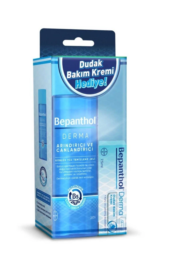 Bepanthol Derma Arındırıcı ve Canlandırıcı Yüz Temizleme Jeli 200 ml + Dudak Bakım Kremi 7,5 ml Hediye