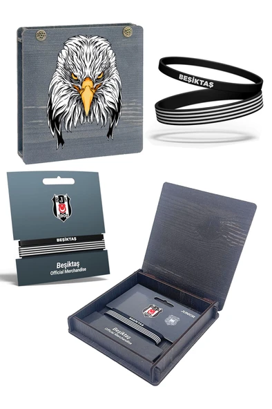 Beşiktaş Orijinal 2'li Silikon Bileklik Kartal Baskılı Hediyelik Ahşap Kutulu