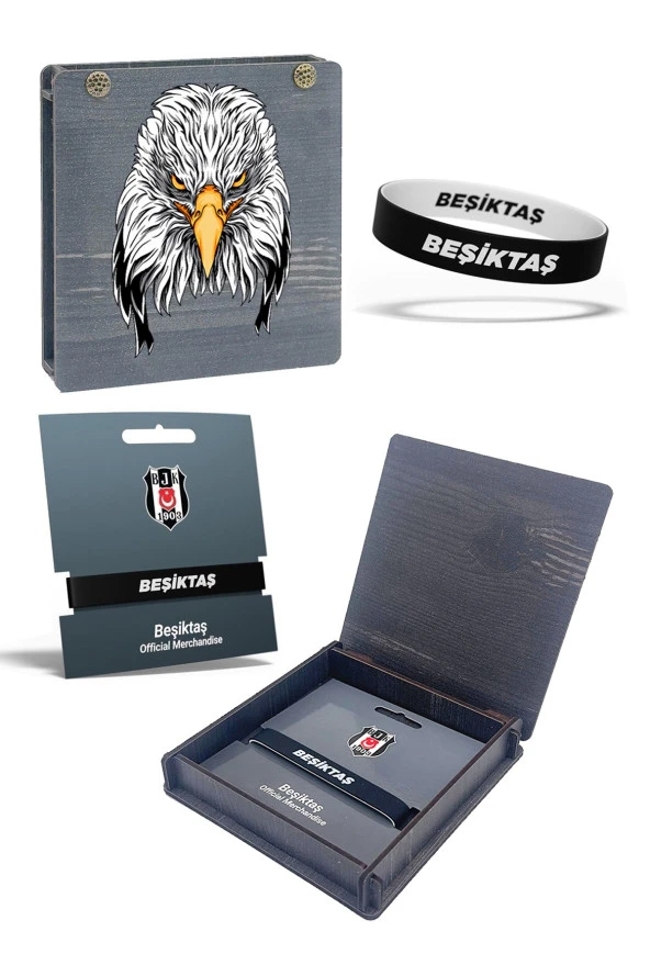 Beşiktaş Orijinal Çift Taraflı Silikon Bileklik Kartal Baskılı Hediyelik Ahşap Kutulu