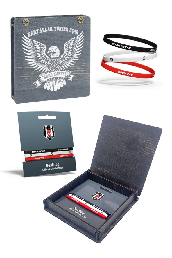 Beşiktaş Orijinal 3'lü Silikon Bileklik Hediyelik Ahşap Kutulu