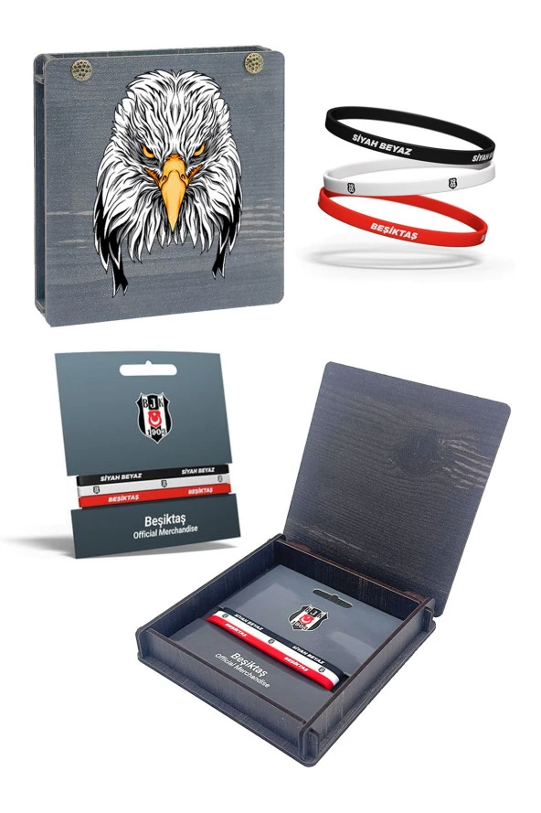 Beşiktaş Orijinal 3'lü Silikon Bileklik Kartal Baskılı Hediyelik Ahşap Kutulu