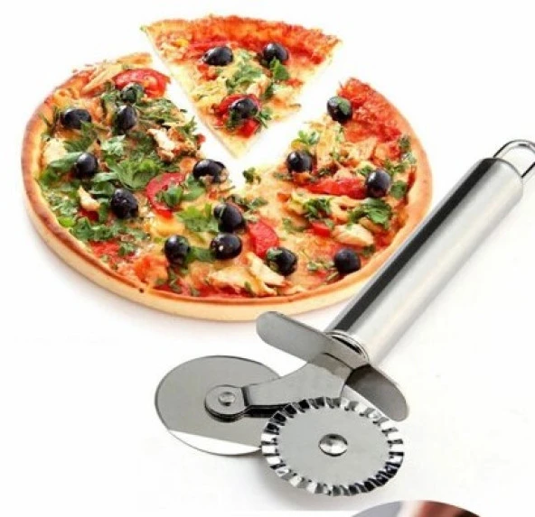 Çİft Başlı Metal Pizza Kesici ve Hamur Ruleti