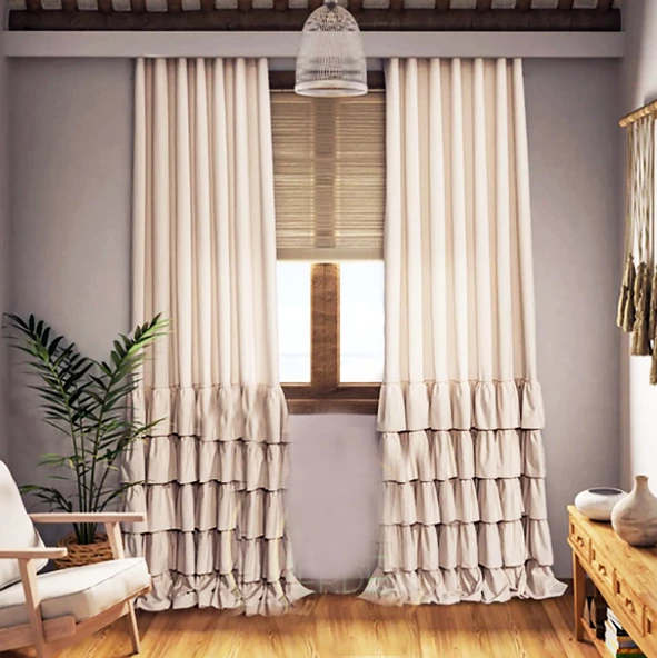 Pamuklu Buldan Keten Çok Fırfırlı Fon Perde Tek Kanat Bej Fon - 2