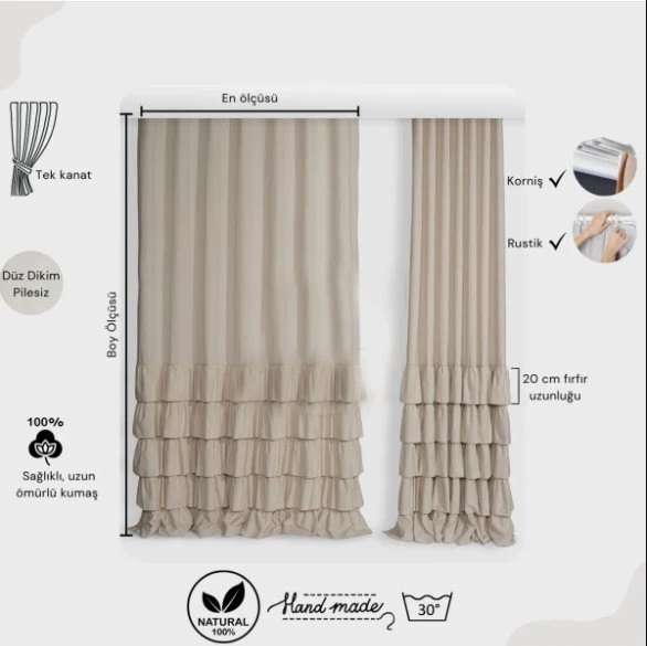 Pamuklu Buldan Keten Çok Fırfırlı Fon Perde Tek Kanat Bej Fon - 3