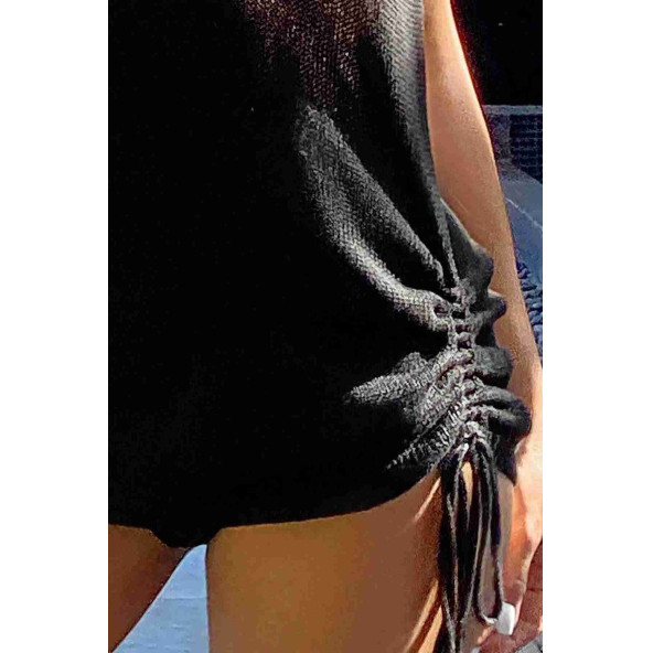Örme Pamuk Yandan Büzgülü Pareo Plaj Elbisesi Kimono Kaftan - 4