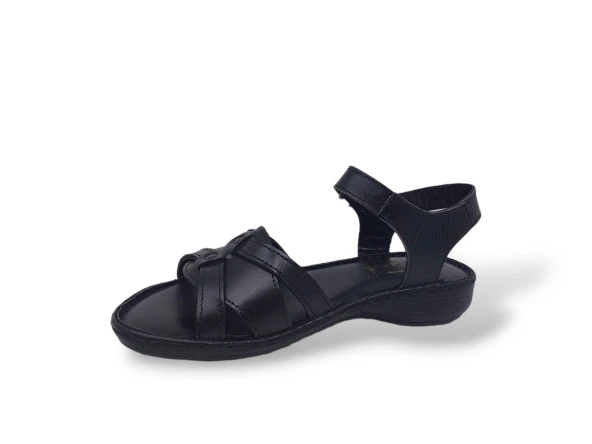 Zerhan 413 Kadın Siyah Hakiki Deri Cırtlı Sandalet Ayakkabı - 3