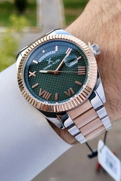 Daniel Klein DKISTE1211 Kadranı Yeşil Rose Gümüş Renk Takvimli Hediye Paketli Erkek Kol Saati