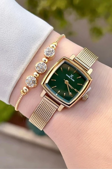 Daniel Klein DKISTE1221 Kadranı Yeşil Kordonu Gold Renk Hediye Paketli Kadın Kol Saati ve Bileklik - 2