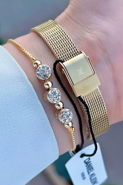 Daniel Klein DKISTE1222 Kadranı Sarı Kordonu Gold Renk Hediye Paketli Kadın Kol Saati ve Bileklik - 5