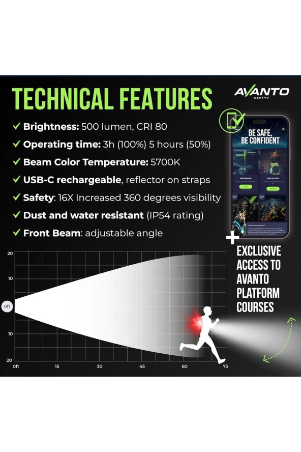 AVANTO PRO göğüs lambası, USB-C şarj edilebilir, 500 lm, 3-5 saat kullanım süresi - 3