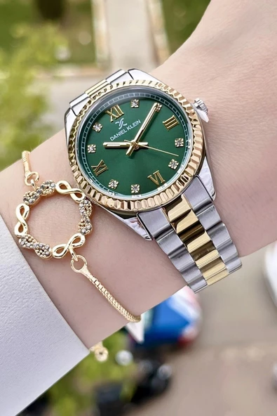 Daniel Klein DKISTE1182 Kadranı Yeşil Kordonu Gold Gümüş Renk Hediye Paketli Kadın Kol Saati ve Bileklik