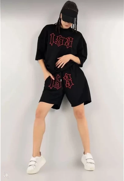 Unisex Nakış İşlemeli Şort Takım - Siyah - 2